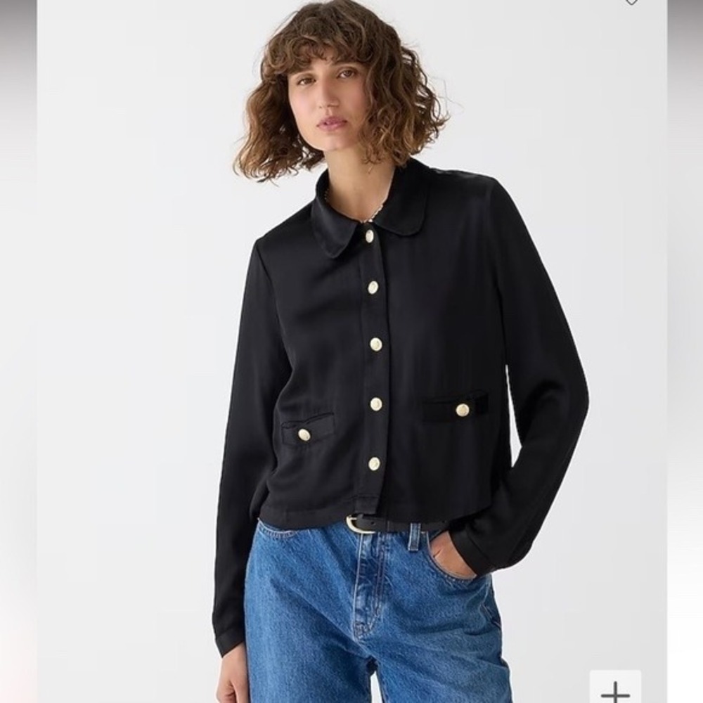 J.Crew Lady Shirt Jacket Luster Crepe Black‎ Gold Button Crop XS Chic